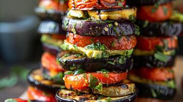 een toren van gestapeld vegetarisch schuifregelaars met lagen van gegrild aubergine geroosterd tomaten en avocado foto