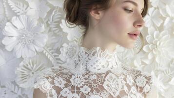 deze top naadloos combineert een traditioneel kant kleding stof met 3d gedrukt uit details voor een uniek en modern kijken foto