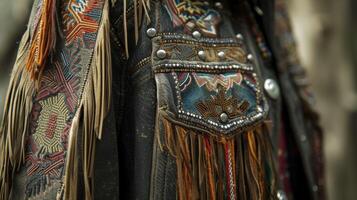 een op maat gemaakt jasje met ingewikkeld kralen en rand details mengen invloeden van inheems Amerikaans en Japans mode. slijtage deze naar een festival met een oosten- voldoet aan wes foto