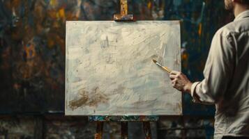 een zichtbaar vertegenwoordiging van de boek de oorlog van kunst met een Mens Holding een penseel terwijl staren Bij een blanco canvas foto