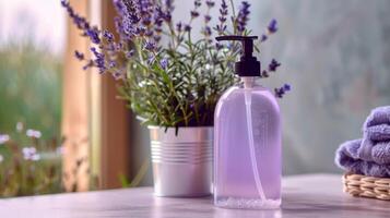 een biologisch afbreekbaar vloeistof hand- zeep geparfumeerd met lavendel en verpakt in een recyclebaar plasticvrij houder foto