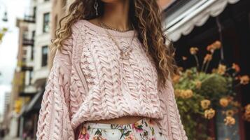 verheffen uw gewoontjes kijken met een pastel roze trui verscholen in een bloemen mini rok en afgewerkt uit met sierlijk sieraden foto