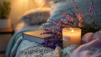 een gluten vrij nachtkastje tafel met een lavendelgeur kaars en een boek Aan slaap hygiëne foto