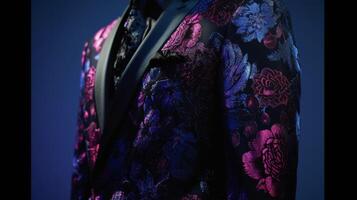een op maat gemaakt blazer met een stoutmoedig bloemen afdrukken in diep paars en blues tegen een zwart achtergrond. perfect voor een geavanceerde avond evenement reeks tegen de helder licht foto