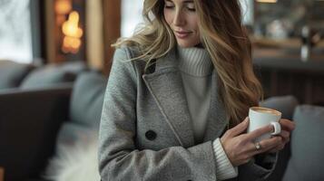 een elegant blazer met ingebouwd verwarming mogelijkheden houden u warm en knus terwijl nippen koffie Bij een modieus cafe in een koud berg stad- foto