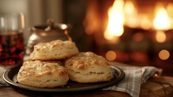 de knetteren haard sets de tafereel voor deze goudbruine biscuits krokant Aan de buiten en pluizig Aan de binnen foto