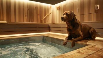 een overdadig sauna met een Huisdiervriendelijk jacuzzi voor huisdier eigenaren naar genieten een dip met hun harig metgezellen. foto