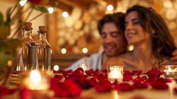 een paar genieten van een romantisch sauna sessie Aan valentijnsdag dag omringd door roos bloemblaadjes en geparfumeerd oliën. foto