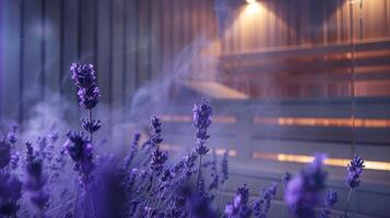 de rustgevend geur van lavendel vult de lucht net zo stoom- stijgt van de infrarood sauna. foto