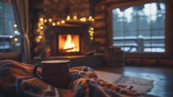 achtergrond een knus log cabine met een knetteren haard en heet cacao in hand- foto