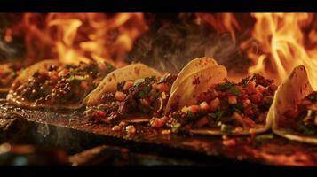 een zintuiglijk overbelasten wacht met deze beeld net zo sissend rundvlees taco's dans Aan een bakplaat vrijgeven verleidelijk geuren en hun krokant randen verbeterd door de flikkeren vlammen ik foto