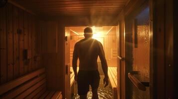 een individu stepping in een sauna opgewonden naar oogsten de voordelen van gebruik makend van het voor een beter nachten rust uit. foto