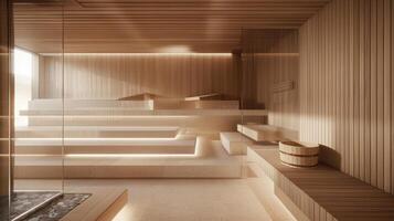 de sauna kamer is ontworpen met meerdere niveaus van zitplaatsen het verstrekken van Bewoners met divers opties naar vind hun optimaal niveau van warmte en comfort. foto