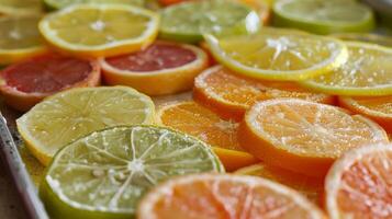 een dienblad van vers geperst citrus fruit aan het wachten naar worden toegevoegd naar Frisdrank recepten foto