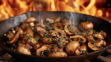 net zo de vlammen dans in de achtergrond deze sappig champignons zijn getransformeerd in een rijk en smaakvol gerecht. de intens warmte van de brand brengt uit de nootachtig en genieten foto