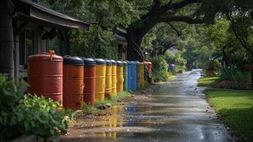 een serie van regen vaten bekleed omhoog tegen een huis verzamelen regenwater dat kan later worden gebruikt naar voeden planten en verminderen de nodig hebben voor gemeentelijk water gebruik foto