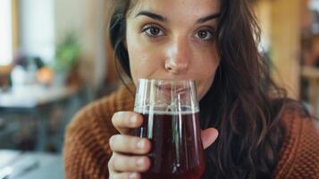 een vrouw houdt omhoog een glas van donker roodachtig bruin kombucha haar gezicht gekreukt in verwachting van de smaak foto
