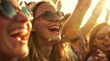 een groep van onbekenden Bij een muziek- festival bonding over- hun liefde voor leven muziek- en het zingen langs naar de optredens foto