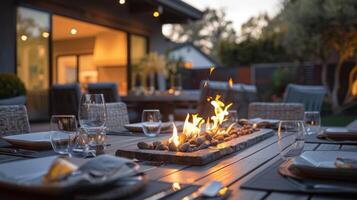 een chique en geavanceerde buitenshuis dining Oppervlakte compleet met een geïntegreerde brand voorzien zijn van dat voegt toe een knus en romantisch tintje naar de al fresco beleven. 2d vlak tekenfilm foto