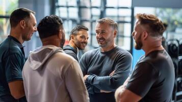 een groep van mannen deelnemen in een Mannen welzijn werkplaats bespreken de gevolg van oefening en voeding Aan algemeen welzijn foto