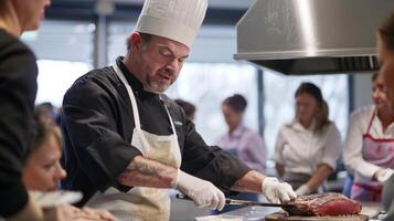 een chef demonstreert hoe naar naar behoren schroeien een steak net zo de klasse gretig horloges en duurt aantekeningen foto