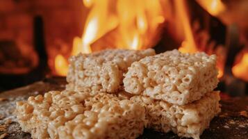 perfecte foto rijst- krispie behandelt genesteld in de buurt de brullen brand hun knapperig randen en pluizig centra smelten in uw mond met elke beet. genieten in deze e en deliciou