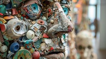 een detailopname van een beeldhouwwerk gemaakt geheel uit van gerecycled materialen presentatie van de creativiteit en innovatie van de artiest foto