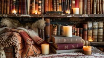 een foto van een boekenplank bekleed met een assortiment van versleten geliefd boeken een weinig kaarsen geteerd gedurende en een paar van knus Gooi dekens dd over- de bodem plank