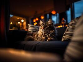 ai gegenereerd de kat leugens Aan de sofa in een donker kamer Aan een wazig achtergrond generatief ai foto