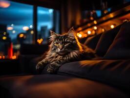 ai gegenereerd de kat leugens Aan de sofa in een donker kamer Aan een wazig achtergrond generatief ai foto