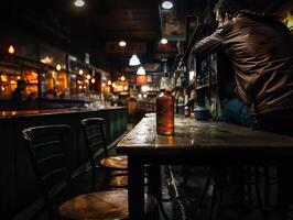 ai gegenereerd fles van bier Aan de bar teller wazig achtergrond in bokeh generatief ai foto