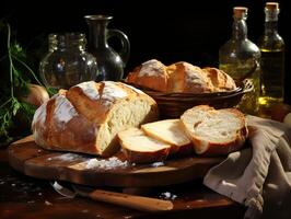 ai gegenereerd vers gebakken brood Aan een houten bord generatief ai foto