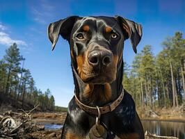 ai gegenereerd doberman staat Aan de straat en looks Bij de camera, generatief ai foto