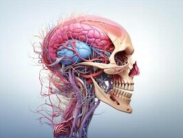 ai gegenereerd menselijk schedel met hersenen en bloedsomloop systeem generatief ai foto