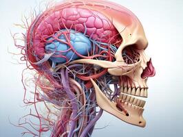 ai gegenereerd menselijk schedel met hersenen en bloedsomloop systeem generatief ai foto