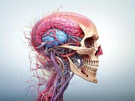 ai gegenereerd menselijk schedel met hersenen en bloedsomloop systeem generatief ai foto