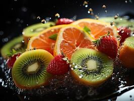 ai gegenereerd verfrissend plons van fruit en citrus generatief ai foto