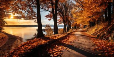 ai gegenereerd herfst landschap met rood en geel bladeren, generatief ai foto