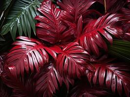 ai gegenereerd mooi rood oerwoud van weelderig palm bladeren generatief ai foto