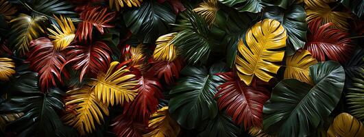 ai gegenereerd mooi rood groen geel oerwoud van weelderig palm bladeren generatief ai foto
