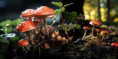 ai gegenereerd champignons in de dauw generatief ai foto