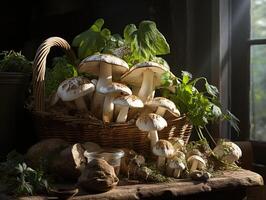 ai gegenereerd champignons in de dauw generatief ai foto