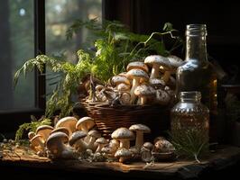 ai gegenereerd champignons in de dauw generatief ai foto