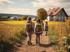 ai gegenereerd kinderen met rugzakken Gaan naar school- generatief ai foto