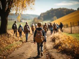 ai gegenereerd kinderen met rugzakken Gaan naar school- generatief ai foto