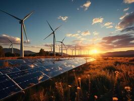 ai gegenereerd zonne- panelen windmolens hernieuwbaar energie generatief ai foto