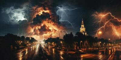 ai gegenereerd onweersbui en bliksem over- de nacht stad generatief ai foto