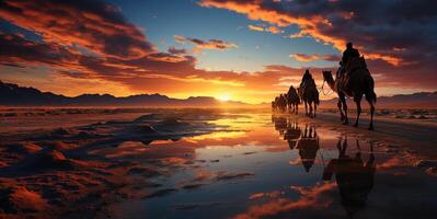 ai gegenereerd kameel caravan Bij zonsondergang generatief ai foto