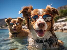 ai gegenereerd honden in zonnebril Aan de achtergrond van de strand generatief ai foto