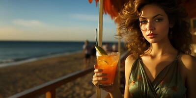 ai gegenereerd meisje Aan de strand met een cocktail generatief ai foto